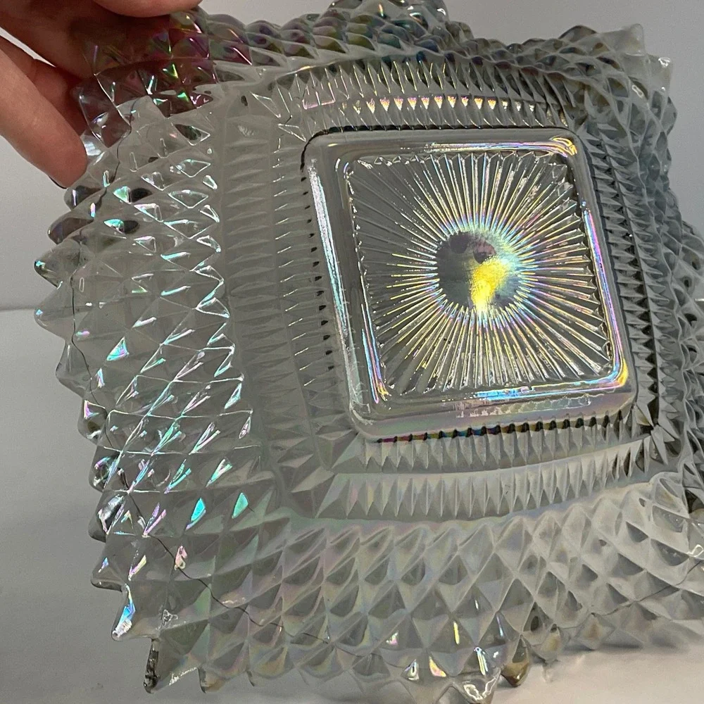 Indiana Glass Diamond Point Iridescent Carnival Glass Square dish Smoke Gray 7.5